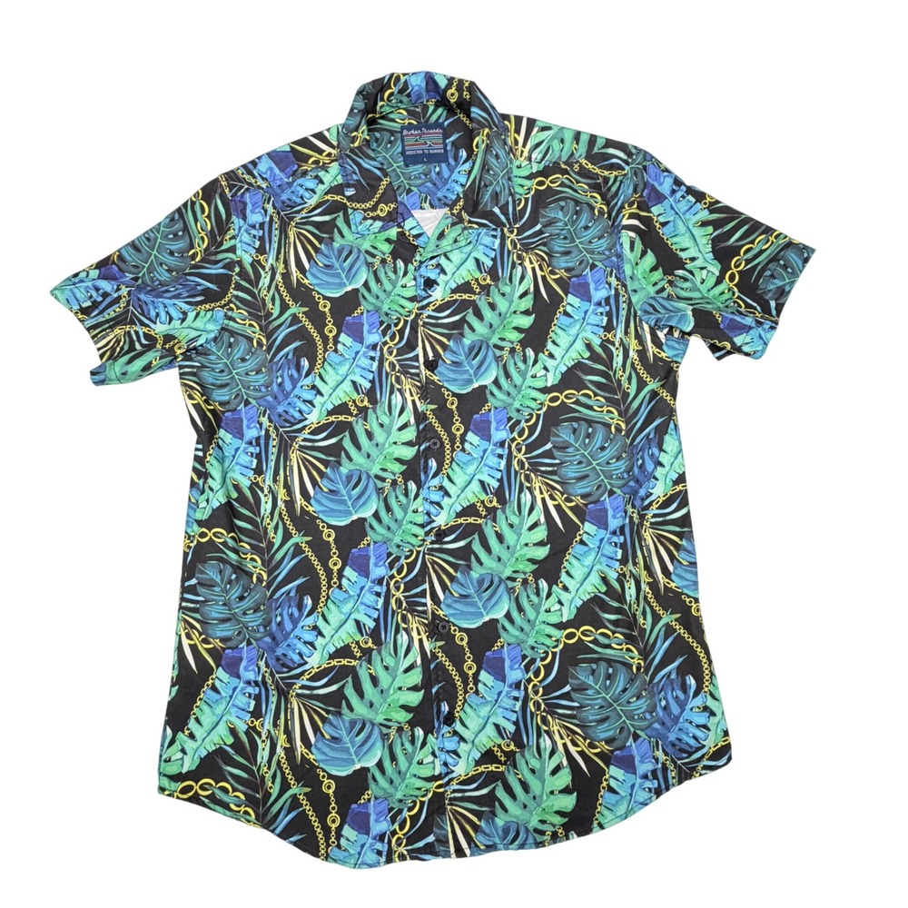 Broken Threads Mens Large Tropical Palm Leaf Gold Chain Button Down Shirt Blue